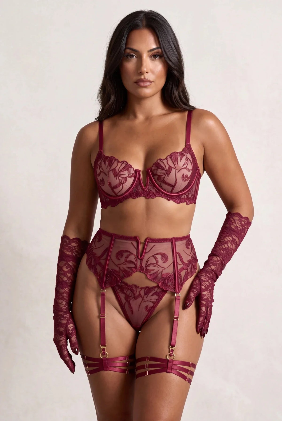 Four-Piece Lingerie Set with Thigh Straps and Gloves - Scarlett Burgundy