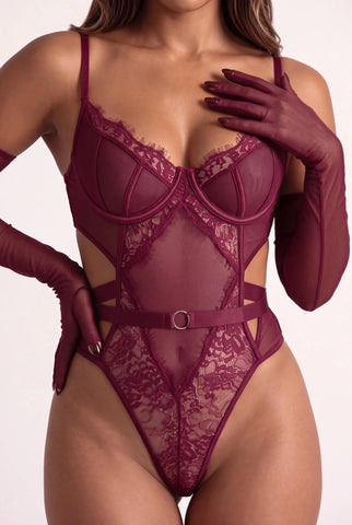 Women's bodysuit with gloves - Gemma Burgundy