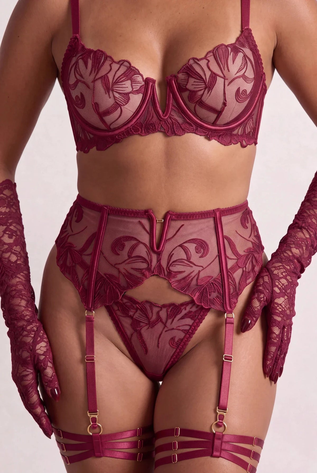 Four-Piece Lingerie Set with Thigh Straps and Gloves - Scarlett Burgundy