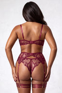 Ensemble lingerie pour femme quatre pièces avec tours de cuisse et gants - Scarlett Bordeaux